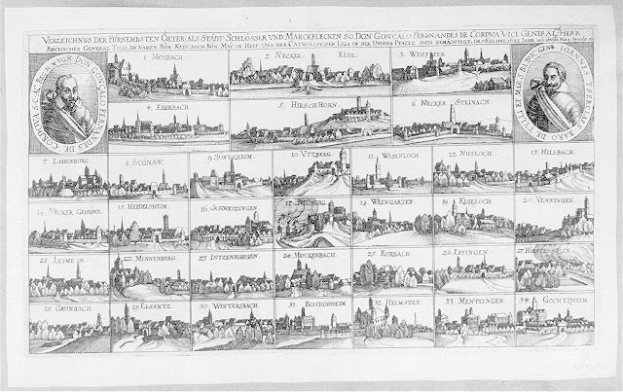 Schwarz-weiß-Zeichnung von Köln, Deutschland, die die historische Entwicklung der Stadt mit Gebäuden, Bildern und begleitendem Text zeigt.