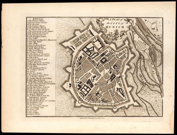 Detaillierte alte Karte von München, Deutschland, mit Straßen, Gebäuden und Sehenswürdigkeiten auf einem schwarzen Hintergrund, einschließlich Text mit Straßennamen und Sehenswürdigkeiten.