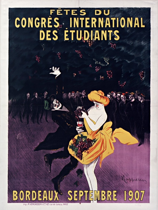 Plakat aus dem Jahr 1907, das ein Weinprobe-Event in Bordeaux, Frankreich, ankündigt, mit einer Frau in gelbem Kleid, die ein Weinglas hält, umgeben von einer Menge, mit Event-Details im Text.