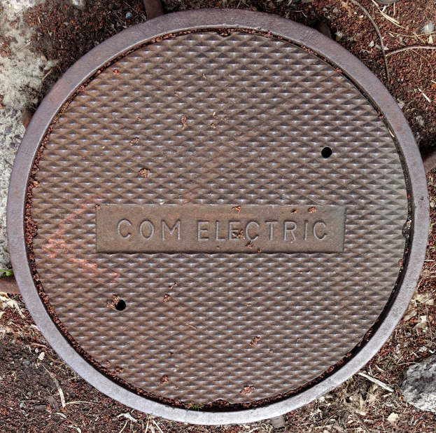 Abdeckplatte mit "com electric"-Text auf dem Boden, umgeben von Steinen und Zweigen.