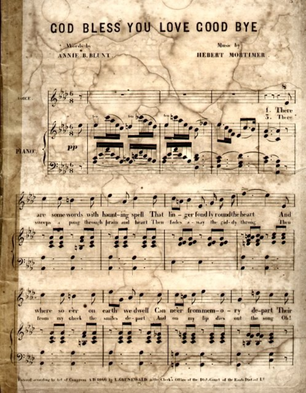 Notenblatt mit der Aufschrift 'God Bless You Love Goodbye' und musikalischen Noten und Symbolen.