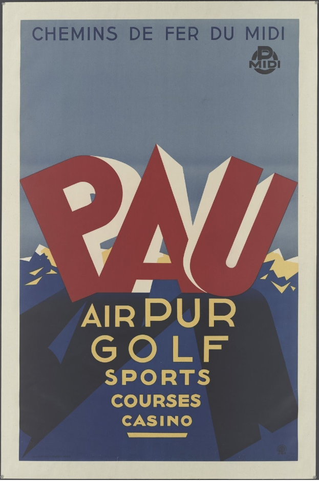 Plakat für den Pau Air Pur Golf Sports Courses Casino mit Text, der seine Merkmale und Annehmlichkeiten beschreibt.