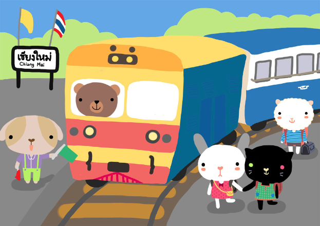 Eine animierte Abbildung mit Cartoon-Tieren, einem Zug in der Mitte, Bäumen und einer Tafel im Hintergrund, an der zwei Flaggen befestigt sind.