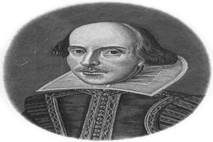 Ein Schwarz-Weiß-Porträt von William Shakespeare mit einem weißen Hintergrund, sein Gesicht ist klar erkennbar, seine Augen blicken direkt in die Kamera, seine Lippen sind leicht geöffnet, seine Haare sind kurz und dunkel, und sein Gesichtsausdruck ist ernst und nachdenklich.
