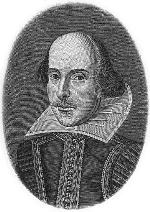 Ein Schwarz-Weiß-Porträt von William Shakespeare mit einem weißen Hintergrund, sein Gesicht ist klar erkennbar, seine Augen blicken direkt in die Kamera, seine Lippen sind leicht geöffnet, seine Haare sind kurz und dunkel, und sein Gesichtsausdruck ist ernst und nachdenklich.