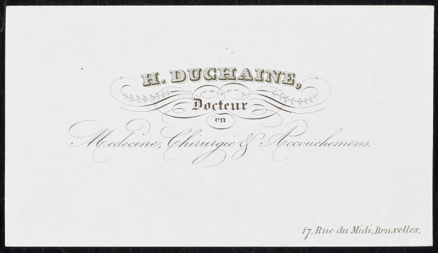 Alte Geschäftsausweis mit schwarzem Rand und weißem Hintergrund, auf dem steht "H. Duchaine, Docteur en Médecine, Chirurgie & Accouchements".