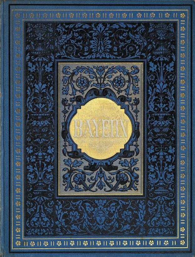 Ein blau-goldenes Buch mit dem Wort 'Bayern' darauf, das mit detaillierten Dekorationsdesigns versehen ist.