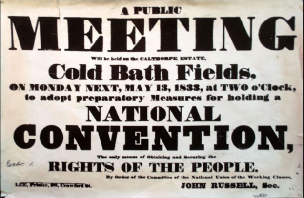 Ein schwarzes und weißes Plakat, das eine öffentliche Versammlung auf den Cold Bath Fields ankündigt, betitelt mit "National Convention, Rights of the People."