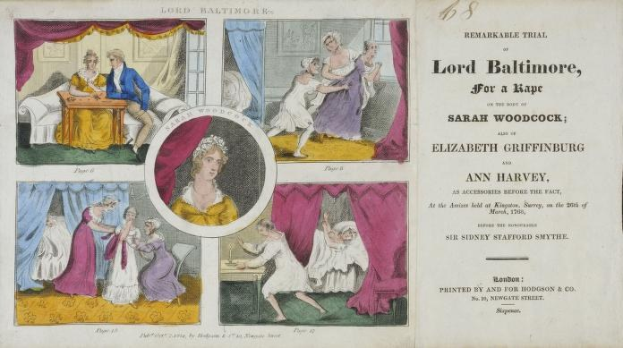 Ein historisches Dokumenten-Illustration von einem Papier mit Porträts, Vorhängen und Text, der sich auf einen Vergewaltigungsfall bezieht, an dem Sarah Woodcock und Elizabeth Griffinburg beteiligt waren.