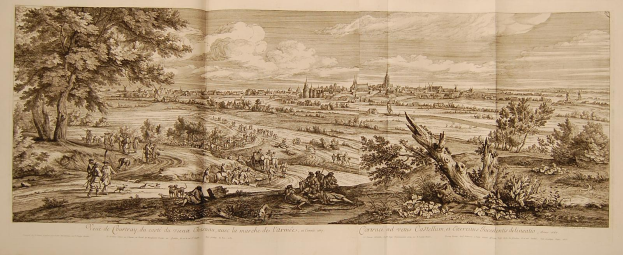 Offenes Buch mit dem Titel 'Ansicht der Schlacht von Castellum und Castellium aus der Illustrated London News', das eine historische Schlachtenszene mit Menschen, Bäumen, Gebäuden und Wolken zeigt.