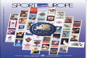Ein Buchumschlag mit dem Titel "Sport in Europa" in leuchtenden Farben, detaillierten Designs und verschiedenen olympischen Symbolen im Zusammenhang mit den Olympischen Spielen in Europa.