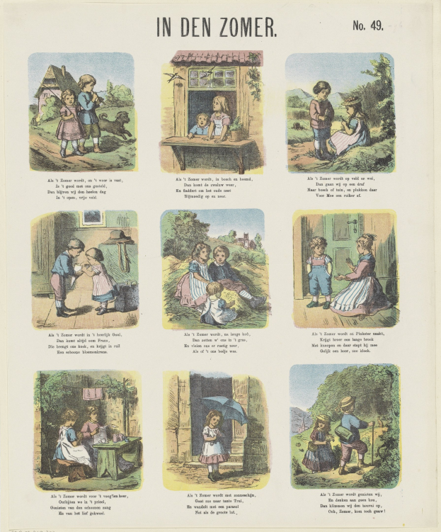 Ein buntes Kinderbild von Kindern, die in einem grünen Garten mit Bäumen und Sträuchern spielen, begleitet von spielerischem Text.