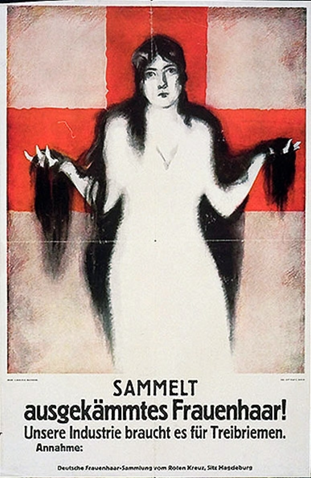 Deutsches Propagandaplakat mit einer Frau mit langen Haaren