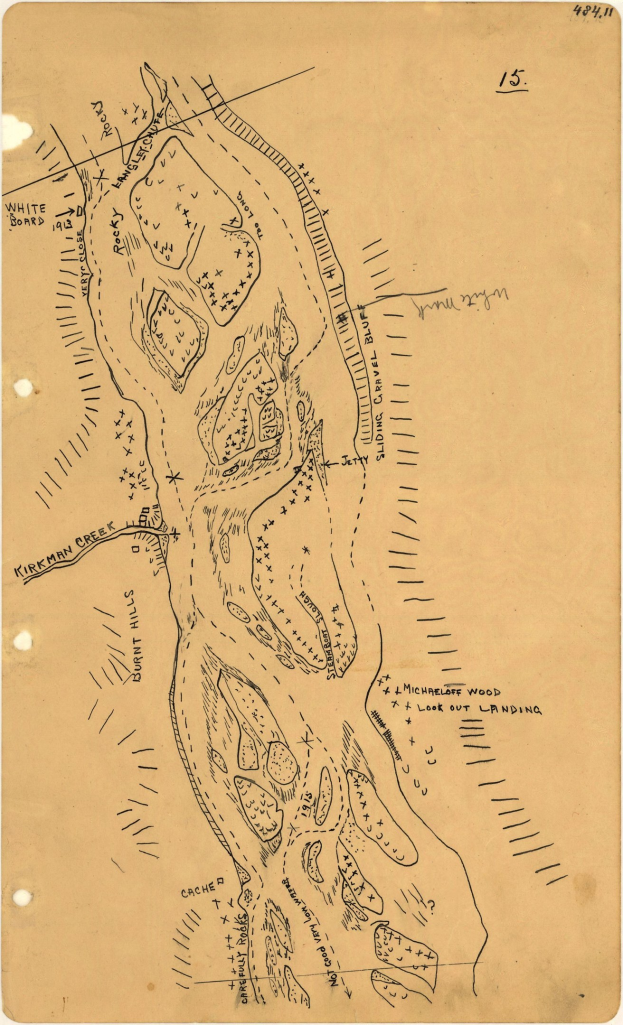 Detailiertes altes Stadtplan auf vergilbten Papier mit handgeschriebener Text, der Straßen, Gebäude, Parks und Sehenswürdigkeiten beschreibt.