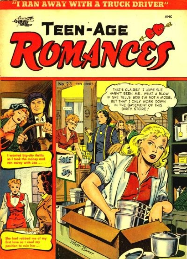 Plakat für DC's "Teen-Age Romances 23-A" mit einem strahlenden Paar in einer farbenfrohen, romantischen Umarmung.