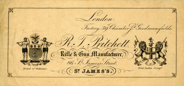 Eine alte Visitenkarte mit einem Mann und einer Frau, dem Text "Rifle & Gun Manufacturers" und zugehörigen Firmenlogos.