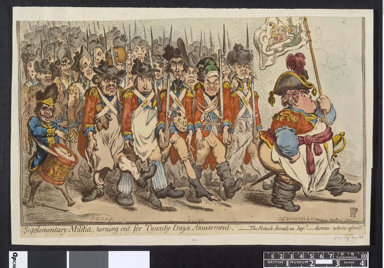 Eine Gruppe von Männern in Militäruniformen marschiert eine Straße entlang, einer hält einen Stock in der Hand, mit Text unten: 'Ergänzender Militärdienst, Ausmarsch für zwanzig Tage Vergnügen'.