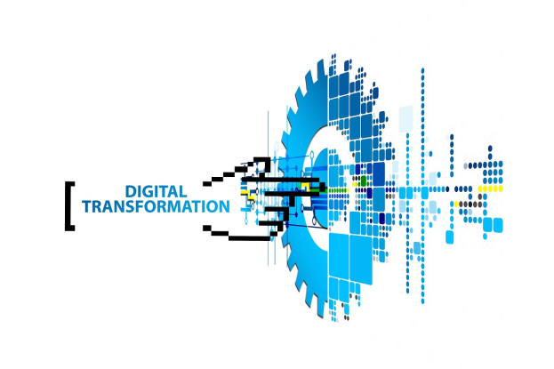Digitales Transformationslogo mit dem Text "Digitale Transformation" in der Mitte auf einem weißen Hintergrund, bestehend aus blauen, schwarzen und gelben Punkten.