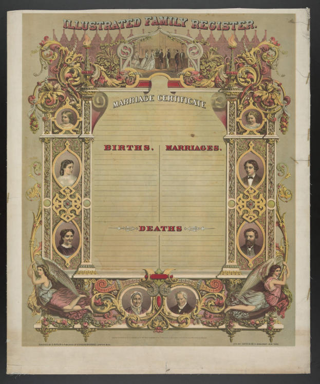 Verheiratungsurkunde mit schwarzem Hintergrund und Illustrationen von Menschen und dem Text "Geburten, Heiraten, Tode."