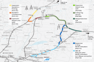 Eine detaillierte Karte einer Stadt mit einer hervorgehobenen Bahnroute von München nach Frankfurt, die Stationen, umliegende Gebiete und Text mit zusätzlichen Informationen zur Bahn zeigt.