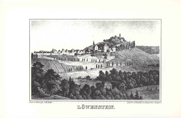 Schwarze und weiße Zeichnung einer Burg auf einem Hügel, umgeben von Bäumen, mit dem Text "Löwenstein, Deutschland" unten.
