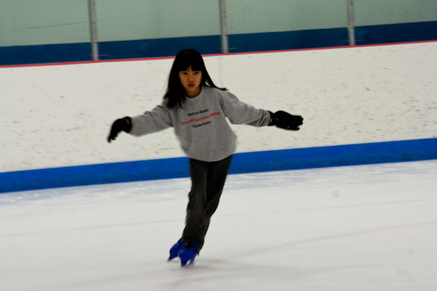 Eine Person in Kleidung fährt auf dem Eis mit Stöcken am oberen Bildrand.