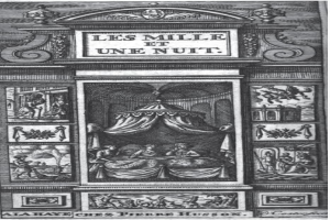 Eine Schwarz-Weiß-Gravur eines Himmelbettes, umgeben von ein paar Menschen, mit dem Text "Les mille et une nuit" oben und unten.