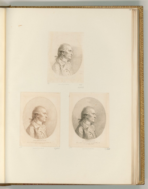 Offenes Buch mit drei detailreichen, lebensechten Porträts von George Washington, die den Betrachter anblicken, mit sichtbarem Text auf den Seiten.