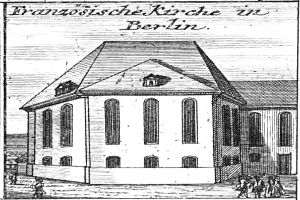 Eine Schwarz-Weiß-Zeichnung einer Kirche in Berlin mit ein paar Menschen davor und Text oben auf dem Bild.