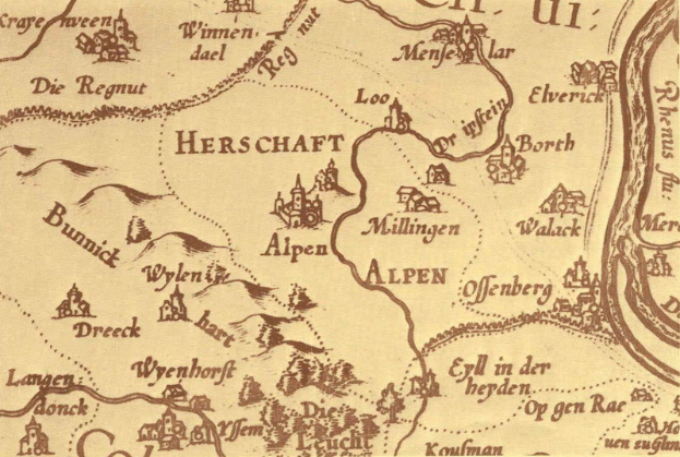 Ein altes Stadtplan von Herschaft, Deutschland, der Straßen, Gebäude und Bäume zeigt, begleitet von Text und Illustrationen.