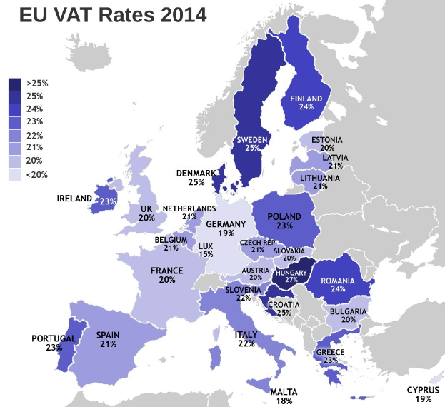 Eine Europakarte, die die EU-Umsatzsteuersätze für 2014 zeigt, mit Prozentangaben und Text für jedes Land.