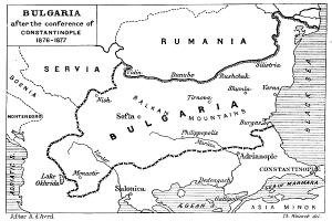 Eine Schwarz-Weiß-Karte Bulgariens aus dem Jahr 1876-1877, die Städte, Ortschaften und geografische Merkmale zeigt, mit Texten über die Konstantinopel-Konferenz.