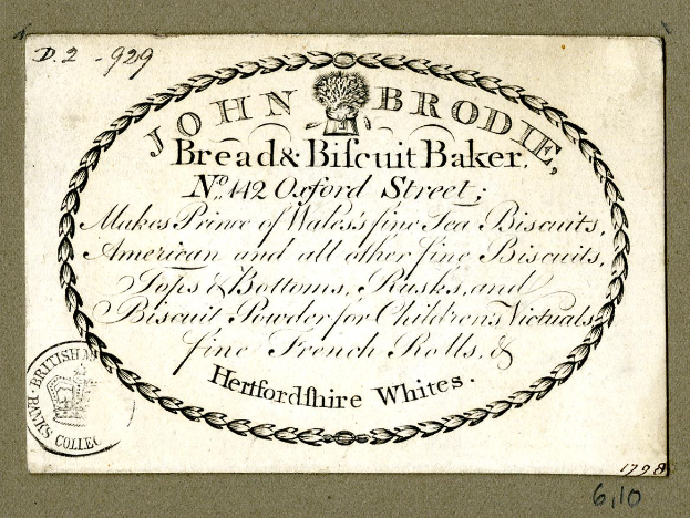 Eine alte Visitenkarte mit einem Bild von John Brodie Bread & Biscuit Baker und Texten, die die Angebote des Bäckerei beschreiben.