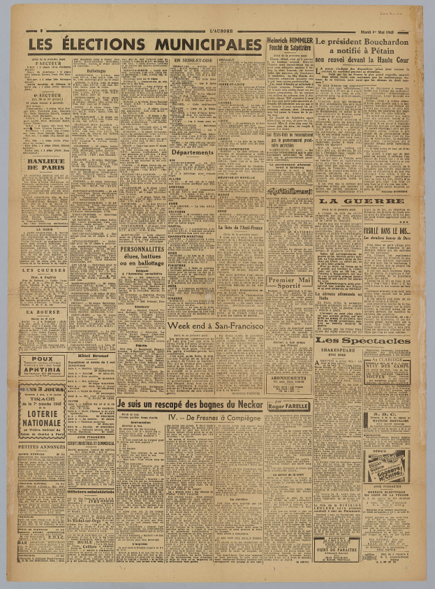 Die Titelseite der französischen Zeitung Les Élections Municipales, mit einem weißen Hintergrund und Text über Kommunalwahlen.