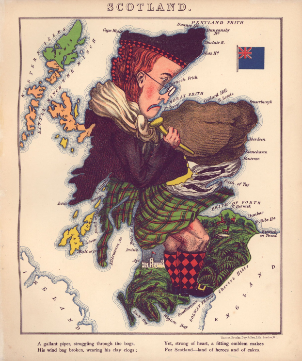 Alte Karte von Schottland mit einem Mann in traditioneller Kilt-Kleidung und einem Dudelsack, auf Papier mit Text und einer Flagge gedruckt.