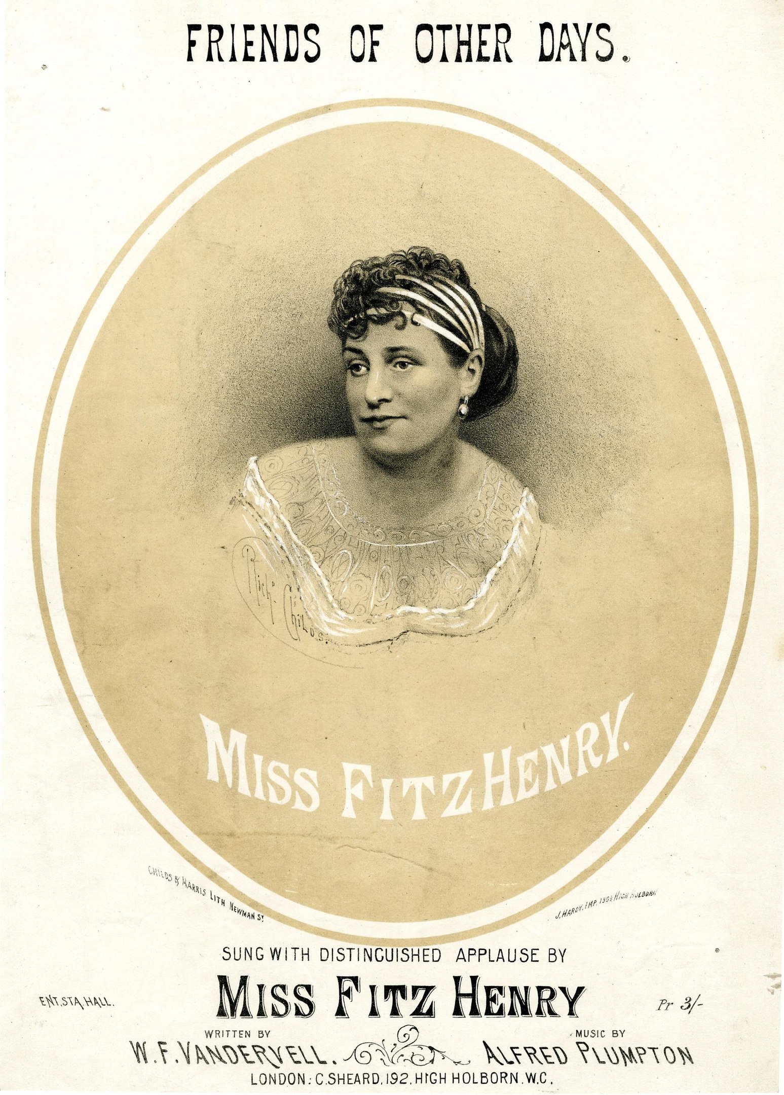 Plakat von Miss Fitz Henry in einem weißen Kleid mit einem gemusterten Schultertuch, ihre Haare zu einem Knoten gebunden, die direkt in die Kamera lächeln und den Text 'Freunde anderer Tage' zeigen.