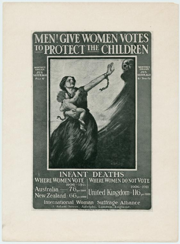 Schwarzes und weißes Plakat mit einer Frau in einem weißen Kleid, die ein Baby hält, mit dem Text 'Männer geben Frauen Stimmen, um die Kinder zu schützen' darüber.
