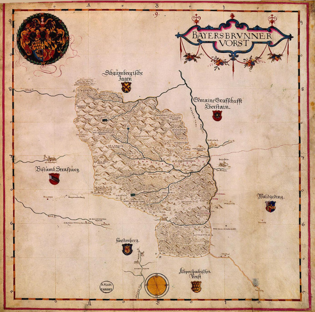 Eine Karte Bayerns aus dem 15. Jahrhundert, die geographische Merkmale wie Flusse, Gebirge und St├Ądte zeigt, begleitet von informativem Text und Logos.