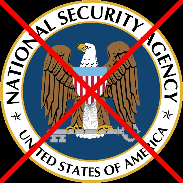 Das Logo der Nationalen Sicherheitsbehörde, das einen Schild mit einem Weißkopfseeadler zeigt, ist in Rot durchgestrichen und vor einem dunklen Hintergrund zu sehen.