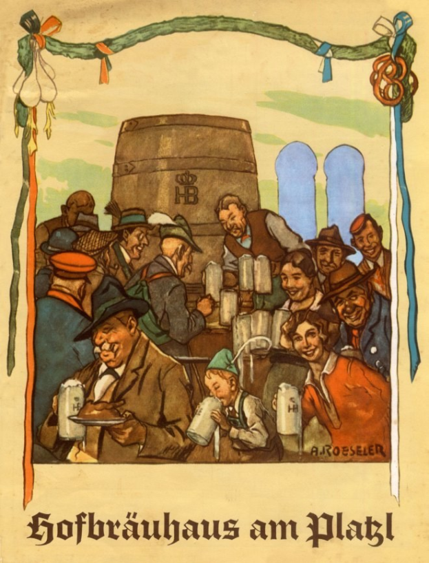 Plakat für ein Bierfest in Deutschland, das Menschen mit Biergläsern in der Hand und einem Fass im Hintergrund zeigt, sowie deutschen Text am unteren Rand.