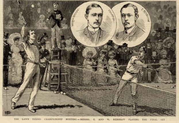 Schwarzer und weißer Zeichenentwurf von zwei Männern, die auf einem Platz mit einem Netz Tennis spielen, während eine Gruppe von Menschen im Hintergrund zuschaut, und der Text unten lautet: "The Lawn Tennis Championship Meeting - Messers, E und W Renshaw Playing the Final Set".