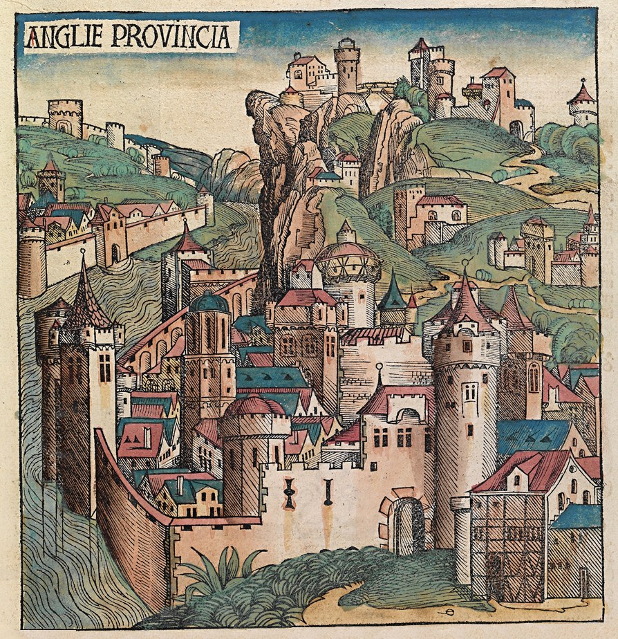 Gravur einer mittelalterlichen Stadt mit einer Burg auf einem Hülgel, umgeben von Gebäuden, Bäumen und einem Himmel, mit Text oben.