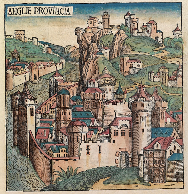 Gravur einer mittelalterlichen Stadt mit einer Burg auf einem Hülgel, umgeben von Gebäuden, Bäumen und einem Himmel, mit Text oben.