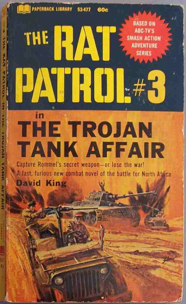 Ein Buchumschlag mit Armee-Panzern und -Jeep in einer KriegsSzene mit Text darüber.