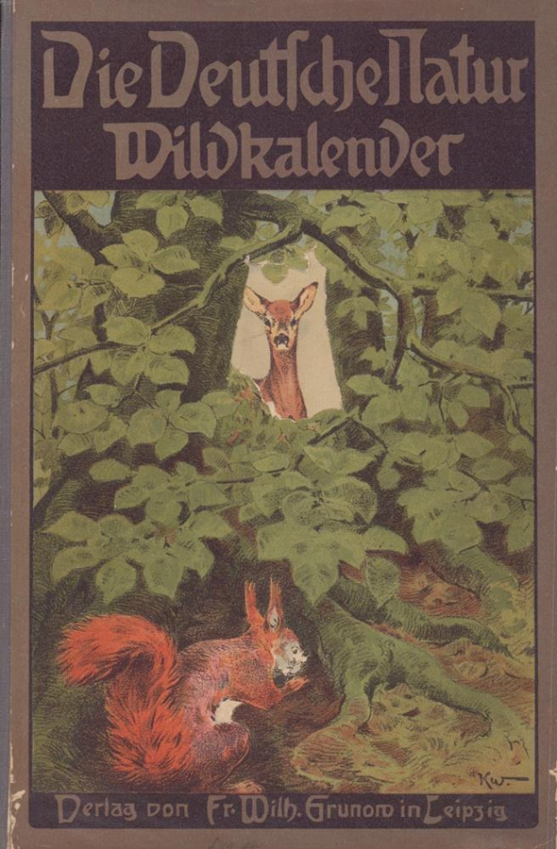 Titelbild des "Die Deutsches Hatur Wildkalender" mit einer Illustration von einem Reh und einem Eichhörnchen in einem Waldgebiet.