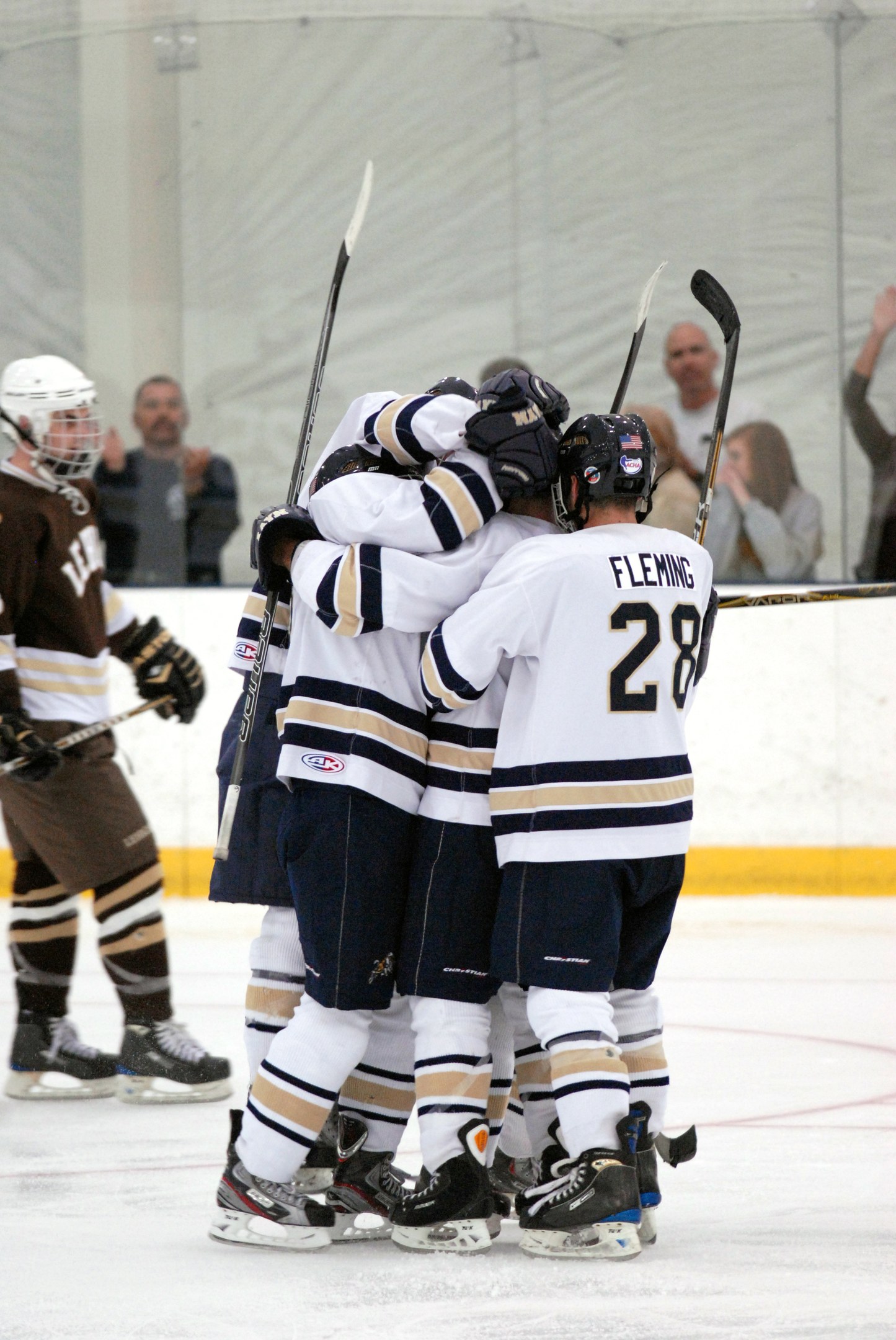 Gruppe von Eishockeyspieler in Sportkleidung und Helmen, die auf einem Eisstadion stehen und Hockeystöcke halten, mit Zuschauern und einem Netz im Hintergrund.