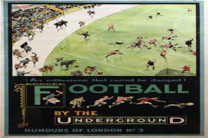 Ein Vintage-Plakat, das ein Fußballspiel mit dem Titel 'Fußball unter der Erde - Londoner Humor Nr. 3' ankündigt, zeigt eine Zuschauermenge in einem Stadion.