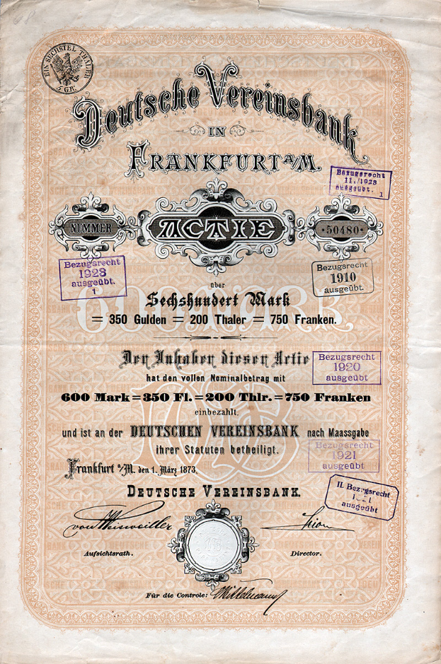 Ein altes deutsches Aktienzertifikat, ausgestellt von der Deutschen Vereinsbank in Frankfurt, Deutschland, gedruckt auf Papier mit Text.