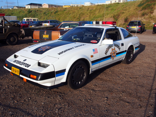Ein Polizeiwagen auf einem Parkplatz neben anderen Autos geparkt, umgeben von Gras, Pfählen, Drähten, Gebäuden und einem klaren blauen Himmel.