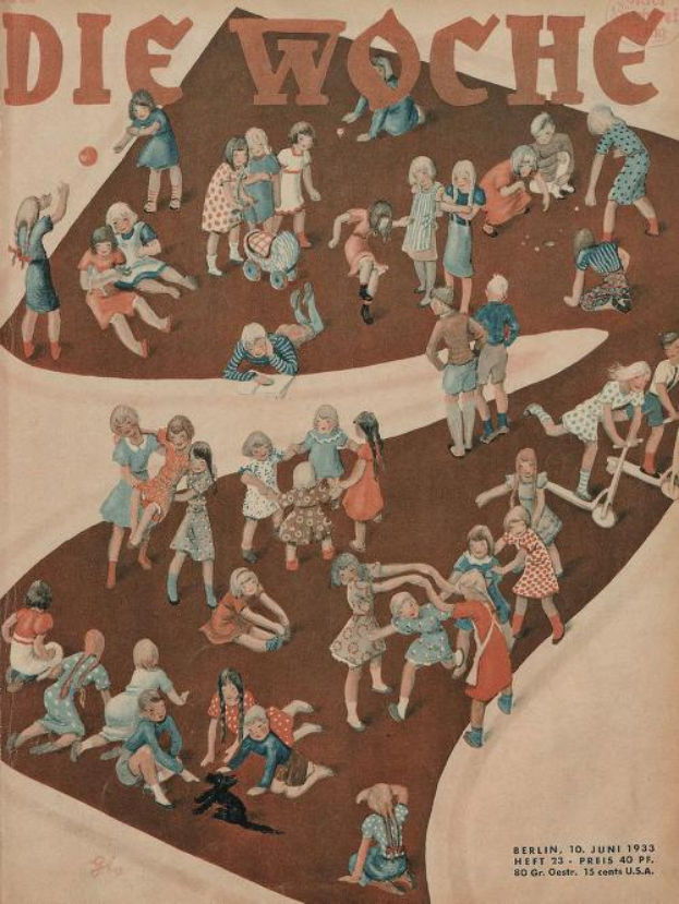 Eine Gruppe strahlender Kinder, die im Kreis auf einem bunten Magazincover von 'Die Woche' aus Juni 1933 spielen